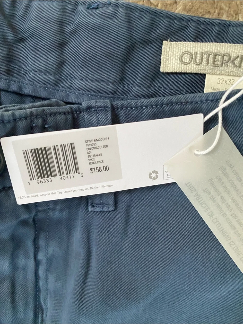 New with tag Outerknown 100% organic cotton black pant men’s size 32W”32L